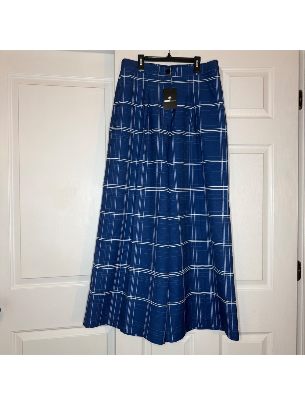 Stylewe Wide Leg Blue White Plaid Lined Pants Womens L Has Pockets Pleated NWT